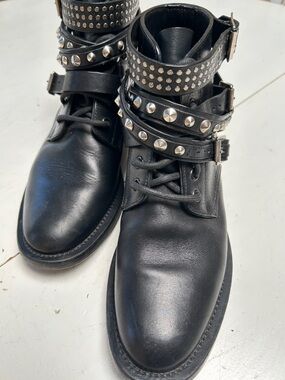 Saint Laurent Paris Studded Ankle Boots - Leather Buckle Combat 37.5
